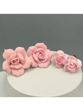 Vintage Porcelain Pink Rose Flower Stud Clip On Earrings Set of 2 Screw Back